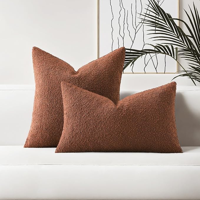 HAUSSY Set of 2 24x24 Decorative Throw Pillow Covers, Soft Cozy European Pillow Shams Textured Boucle, Home Decor for Couch Bed Living Room, Rust