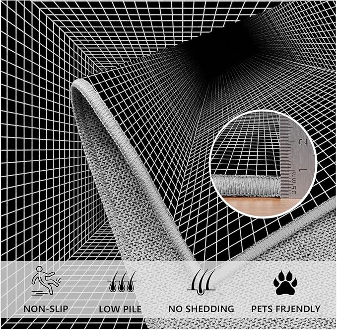 Optical Illusion Rug - Washable Rugs 3x5, Abstract Geometric Lines Soft Neutral Indoor Floor Mats Plaid Carpet, Non-Slip Stain Resistant Modern Black Rug for Bedroom, Living Room Rugs