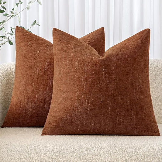 MIULEE Pack of 2 Decorative Throw Pillow Covers Soft Chenille Throw Pillows Solid Textured Euro Cushion Covers for Couch Sofa Bedroom Living Room 22x22 Inch, Dark Rust
