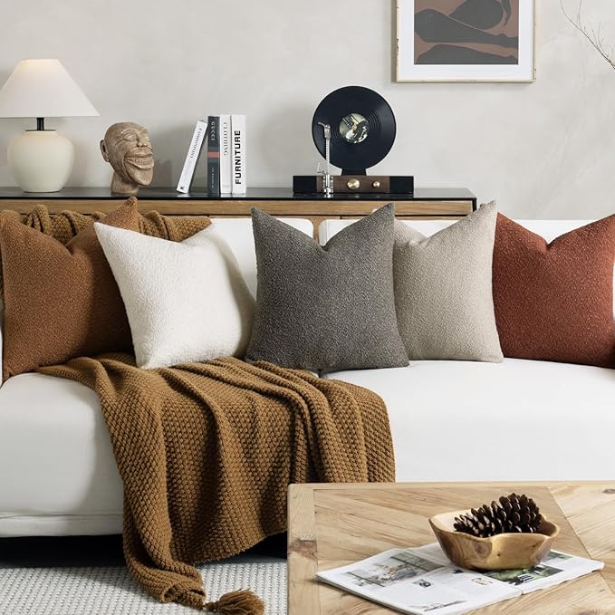 Throw Pillow Covers 18 x 18 Inch Set of 2, Accent Soft Boucle Textured Pillow Cover, Decorative Solid Color Cozy Cushion Pillow Case for Couch Bedroom Sofa Living Room Home Decor, Dark Brown