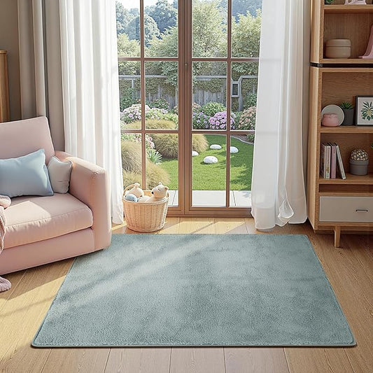jinchan Solid Plush Area Rug 3x5 Performance Shaggy Washable Rug Indoor Soft Modern Faux Wool Cozy Non Slip Carpet for Living Room Kids Room Bedroom Dining Room Nursery Slate Blue