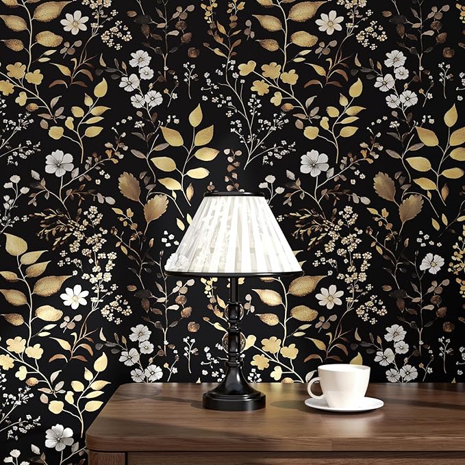Boho Wallpaper Peel and Stick Dark Floral Wallpaper 17.5in x393in Vintage Leaf Contact Paper Vinyl Waterproof Self Adhesive Golden Leaf Botanical Wall Paper for Cabinet Table Drawer Decor