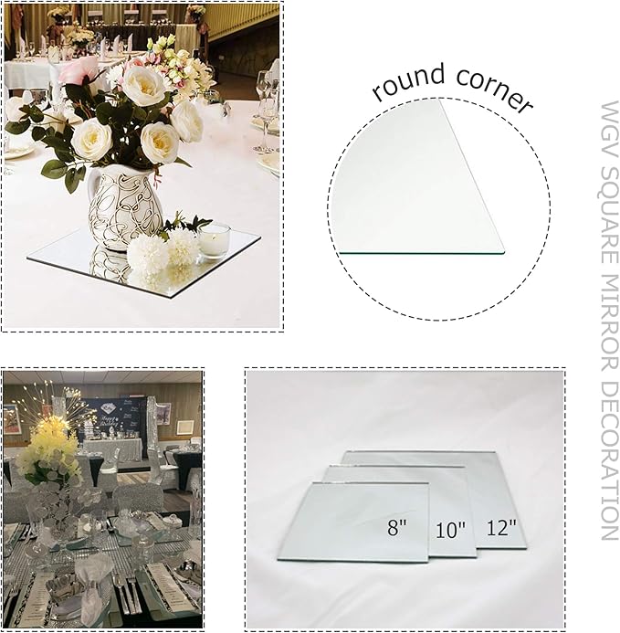 WGVI WGV Large Square Mirror Plate 12" Width, 4.2 mm Thickness, Frameless Sanded Edges, Quality Thick Candle Tray, Home Event Party Wedding Table Centerpiece Wall Decor, 1 Piece