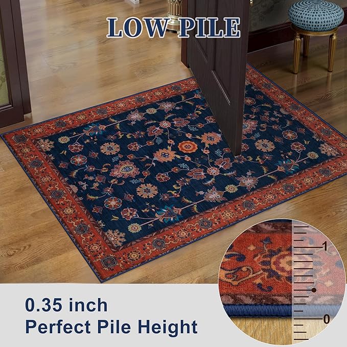 Tangsoo Floral Area Rug 6x9 Machine Washable Red Blue Rug Non-Slip Vintage Distressed Boho Print, Low Pile Carpet for Living Room, Bedroom, Dining Room, Pet & Child Friendly (Red Blue)