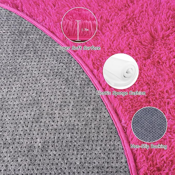 Round Fluffy Rugs 4Ft for Girls Bedroom, Hot Pink Shag Circle Kids Rug Non-Slip for Bedside Dorm Nursery Playroom, Soft Cute Area Rugs for Living Room Decor