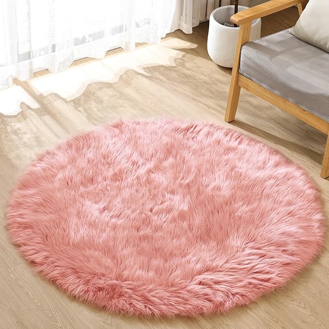 Pink Plush Round Rugs 6ft Large Washable Faux Fur Area Rugs for Living Room Boho Circle Fluffy Sheepskin Fur Rug for Nursery