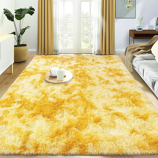 Super Fluffy Rug for Bedroom, 4x6 Shag Fuzzy Area Rug for Living Room Bedroom, Plush Soft Carpet for Girls Boys Kids, Non Slip Throw Rugs for Dorm, Modern Home Decor Aesthetic, Tie-Dyed Yellow