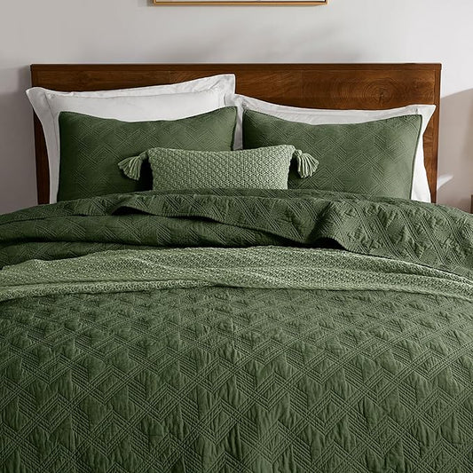 WDCOZY 100% Cotton Queen Size Quilt Set - Olive Green Pre-Washed Soft Lightweight Modern Bedspread, Farmhouse Country Rustic Coverlet, Textured Like Linen, Shabby Chic Gauze Bedding, 3 Pieces