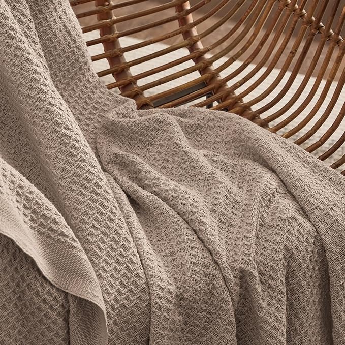 Bedsure Gentlesoft 100% Cotton Blanket Queen Size for Bed - Breathable and Soft, Thick Cozy Waffle Weave Christmas Blanket Gift for Women, Light Brown, 90x90 Inches
