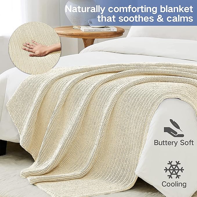 Guohaoi Knitted Weighted Blanket for Adults (Cream 50"x75" 12lbs) No Beads Cooling Throw Blanket for Hot Sleepers, Home Decor Breathable Chunky Knit Heavy Blanket Use on Full Size Bed