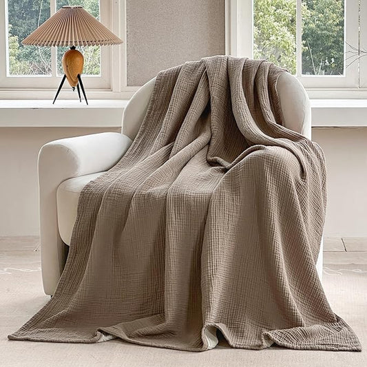 FALUCA Cotton Muslin Reversible Blanket Twin Size for Bed, Couch, Four Layers Blanket, Soft Lightweight Cozy Breathable Farmhouse Decoration for All-Season, Brown