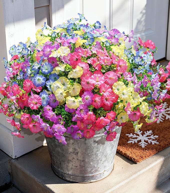 Artificial Flowers Fake Plants for Outdoors Decoration, 12 Bundles Silk Morning Glory with Eucalyptus Realistic UV Resistant Faux Flowers for Outside Planter Porch Yard Patio Garden Home Indoor, Mix