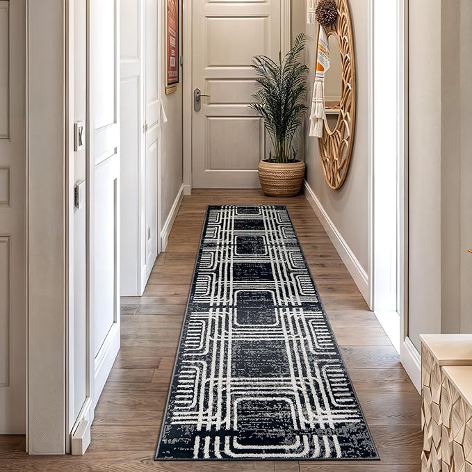 Rugshop Black and White Geometric Area Rug – Abstract Curved Line and Square Pattern Carpet for Living Room, Bedroom, or Office – Contemporary Soft Floor Décor 2' 3" x 12' Runner Black