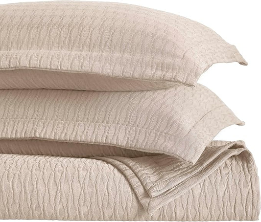 Superior 3 Piece Cotton Bedspread Set, Home Bed Decor, Decorative Bed Spread, 2 Pillow Shams, Medium Weight Blanket, Matelasse Coverlet, Bedding Essentials, Calvert Collection, Queen, Beige