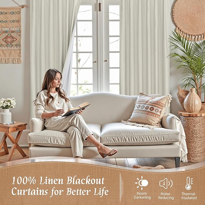 LAMIT 100% Blackout Curtains for Living Room, 90 Inch Linen Textured Thermal Insulated Bedroom Curtains Back Tab and Rod Pocket Farmhouse Neutral Panels with White Liner, 2 Panels, 52 x 90 Inch, Stone