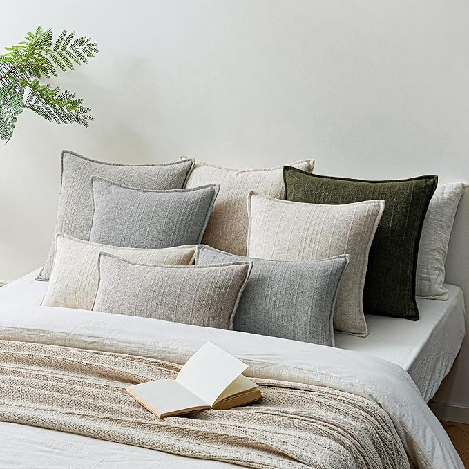 a moment Linen Pillow Covers Set of 2,Boho Farmhouse Throw Pillowcases Neutral Textured Decorative Covers for Couch Sofa,Soft Linen Blend Accent Case Cushion Living Room Home Decor 20"x12"Sky Gray
