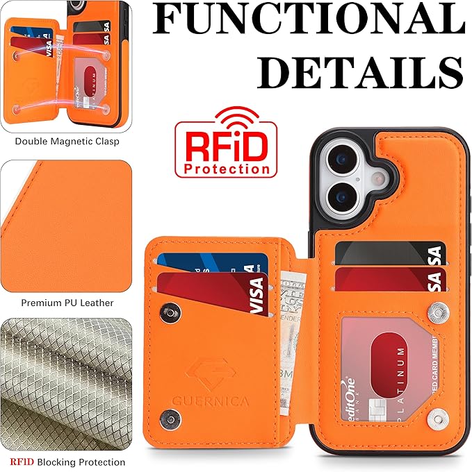 GUERNICA for iPhone 17 (6.1") Case Wallet with Card Holder, RFID Blocking Leather Protection, Shockproof Women Men Phone Case for Apple 17, Orange