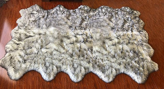 Free Shape Luxury Soft Fluffy Shag Area Rug Decto 10 Pelts 6'x10', 180x300cm - Vegan Fur Ultra Soft Indoor Carpet Nursery Rugs for Bedroom Home Decor, White/Black