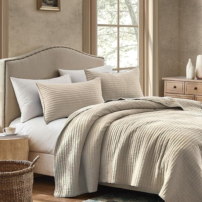 WDCOZY 100% Cotton Oversized King Size Quilt Set - Beige California Cal King Striped Pick Stitch Soft Lightweight Bedspread, Textured Like Linen, Farmhouse Country Rustic Coverlet, 3 Pieces