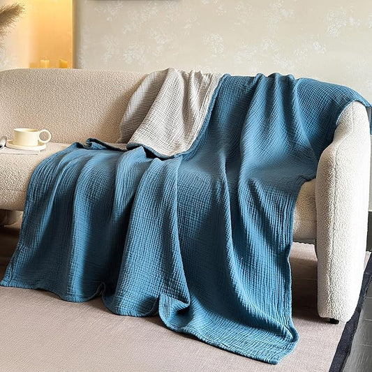 FALUCA Cotton Muslin Reversible Blanket Twin Size for Bed, Couch, Four Layers Blanket, Soft Lightweight Cozy Breathable Farmhouse Decoration for All-Season, Light Blue
