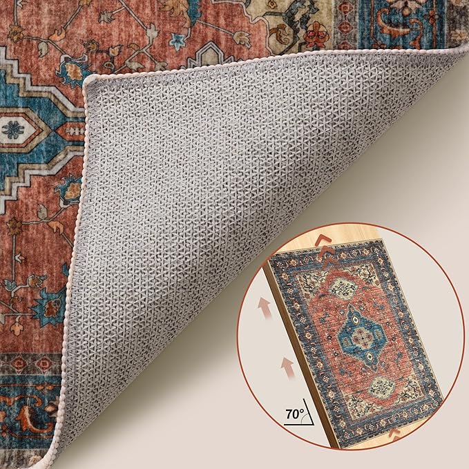 Tangsoo 3x5 Washable Rugs Oriental Area Rug, Vintage Non Slip Indoor Accent Rug, Print Distressed Terracotta Carpet, Soft Low Pile Rug for Living Room Dining Bedroom Bedside Entryway