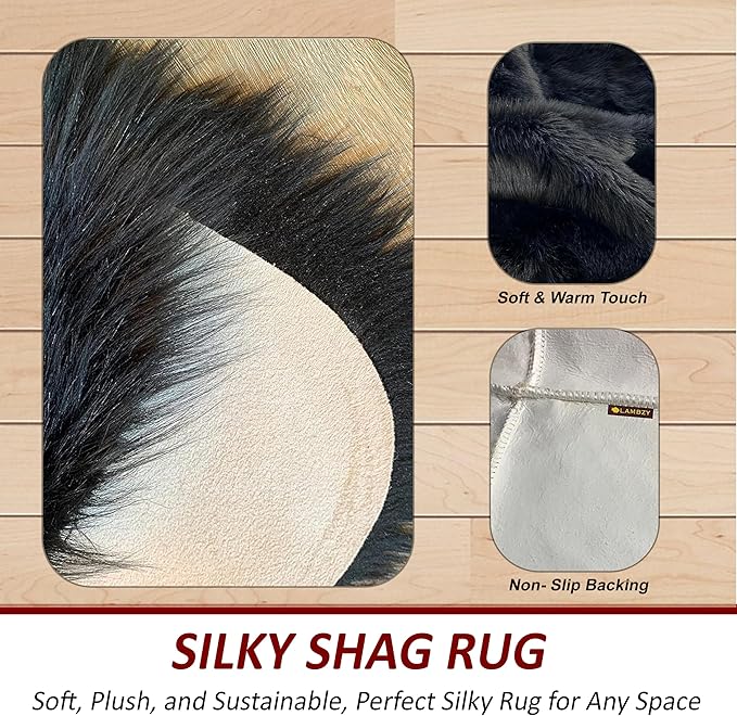 LAMBZY Faux Sheepskin Super Soft Hypoallergenic Silky Shag Rug for Living Room, Kids Room, Sofa (Double 2'x6', Black)