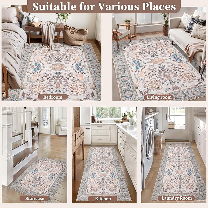 Tangsoo 5x7 Washable Area Rug, Non Slip Boho Floral Rug for Living Room Bedroom, Vintage Neutral Soft Low Pile Floor Indoor Carpet for Bathroom Office Laundry Kid & Pets Friendly Home Decor