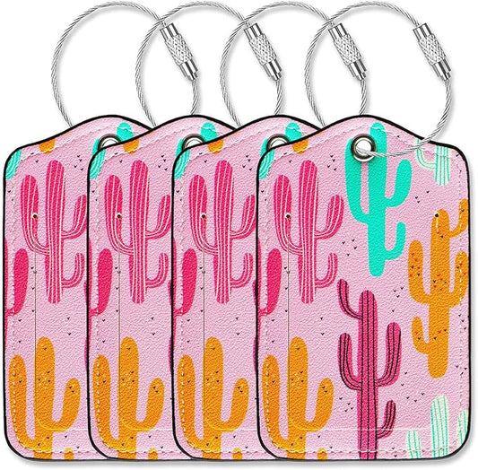 Luggage Tags for Suitcases-Leather Luggage Tag 4 Pack with Loops Cute Bag/Backpack/Suitcase Tags Pink Travel Accessories for Airport