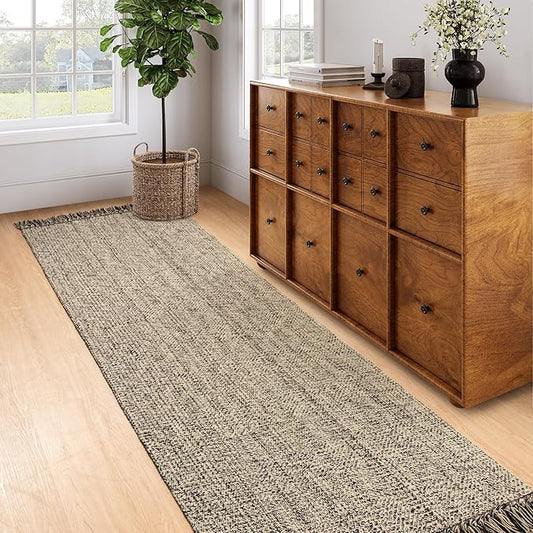 Collive Long Carpet Runners for Hallways 2.6x8ft, Washable Kitchen Rug Indoor Sink Rug, Natural/Black Woven Entryway Runner Rugs Low-Profile Front Door Floor Rug for Laundry Room Bedroom Outdoor Decor
