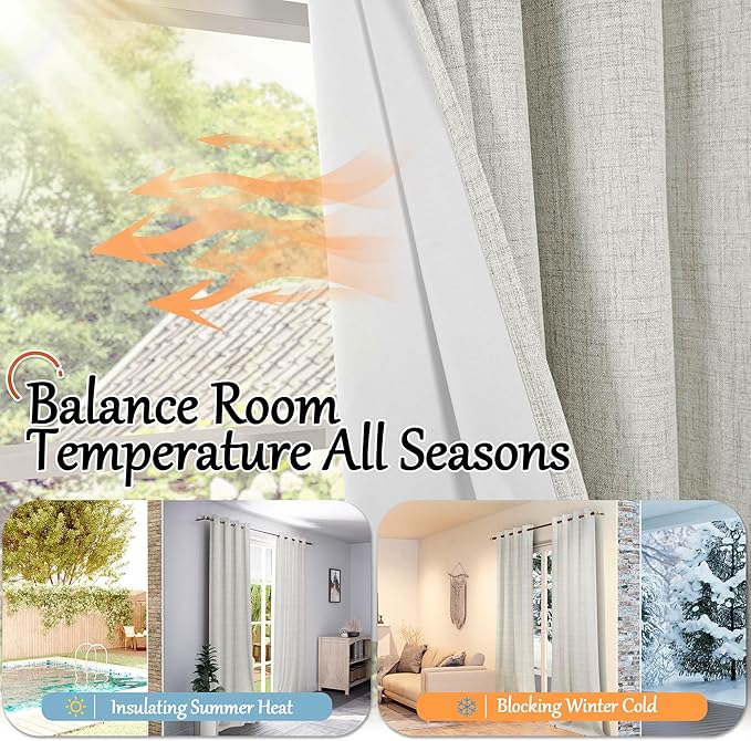 Lajode 100% Blackout Curtains for Living Room 84 Inch Length 2 Panels Set, Thermal Insulated Light Blocking Boho Faux Linen Window Curtains for Bedroom, Bronze Grommet, Each 52" Wide, Light Grey