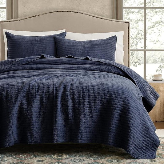 WDCOZY 100% Cotton Queen Size Quilt Set - Navy Blue Striped Pick Stitch Soft Lightweight Bedspread, Textured Like Linen, Farmhouse Country Rustic Coverlet, Shabby Chic Gauze Bedding, 3 Pieces