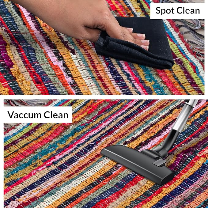 HOMEMONDE 2'x8' Chindi Runner Rug with Tessels | Reversible Hand-Braided Multicolor Cotton Rug | Recycled Stylish Boho Runner for Kitchen, Bedroom, & Living Room Decor