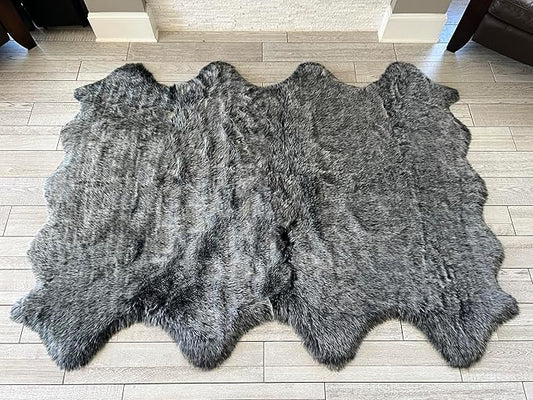 Free Shape Luxury Soft Fluffy Shag Area Rug Octo 8 Pelts 6'x8',180x240 cm - Vegan Fur Ultra Soft Indoor Carpet Nursery Rugs for Bedroom Home Decor, Black with White Tips