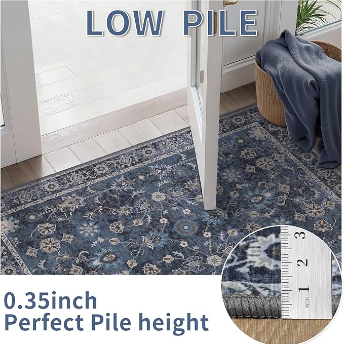Tangsoo 2x6 Washable Runner Rug for Hallway, Non Slip Boho Vintage Floral Rug Runner for Kitchen Entryway, Distressed Blue Black Floor Carpet Soft Low Pile Indoor Mat for Bedroom Bathroom Laundry