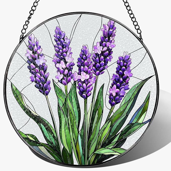 Stained Glass Window Hanging, 8 Inch Lavender Stained Glass Suncatcher, Flower Sun Catcher, Window Hanging Decor, Flower Lovers Gift for Her, Housewarming Gift, Gifts for Lover, Bestie and Couple