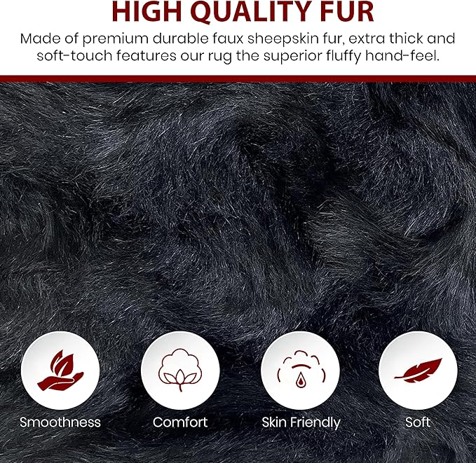 LAMBZY Faux Sheepskin Super Soft Hypoallergenic Silky Shag Rug for Living Room, Kids Room, Sofa (Double 2'x6', Black)