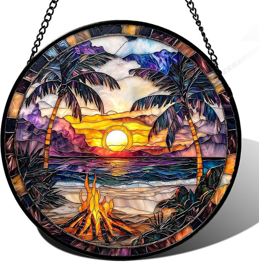Stained Glass Window Hanging,Bonfire Beach Landscape Suncatcher Diamond Glass Panel Sun Catchers Decor for Birthday for Women, Men, Wife, Aunt, and Mom 14.9x14.9 in