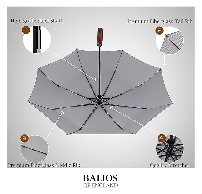 Balios Prestige Travel Folding Umbrella, Handmade Wood Handle, Auto Open & Close