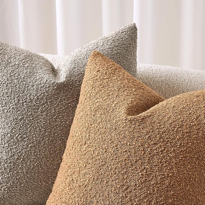 ANRODUO Pack of 2 Textured Boucle Throw Pillow Covers Soft Tobacco Brown Decorative Accent Solid Pillow Cases Cozy Modern Couch Cushion Case for Chair Sofa Bedroom Living Room Home Decor, 20 x 20 Inch
