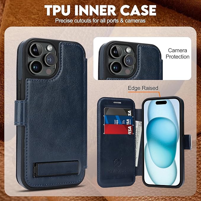CIVICASE for iPhone 15 Pro Wallet Case with Stand,PU Leather Flip Credit Card Holder Slots (RFID Blocking),Compatible with Magsafe Magnetic Holder Phone Cover Women Men,Blue