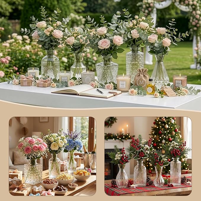 Glass Bud Vases in Bulk Set of 17, Transparent Clear Small Mini Vases for Flowers, Vintage Vase for Centepiece,Wedding, Table Decor, Baby Shower, Christmas, Home and Events