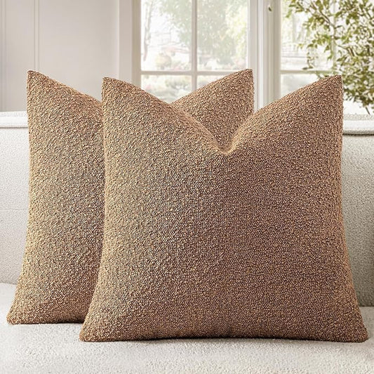 Woaboy Pack of 2 18x18 Inch Decorative Boucle Throw Pillow Covers Textured Square Pillowcaes Accent Solid Cozy Soft Cushion Covers Home Decor for Sofa Couch Living Room Home Decor,Brown