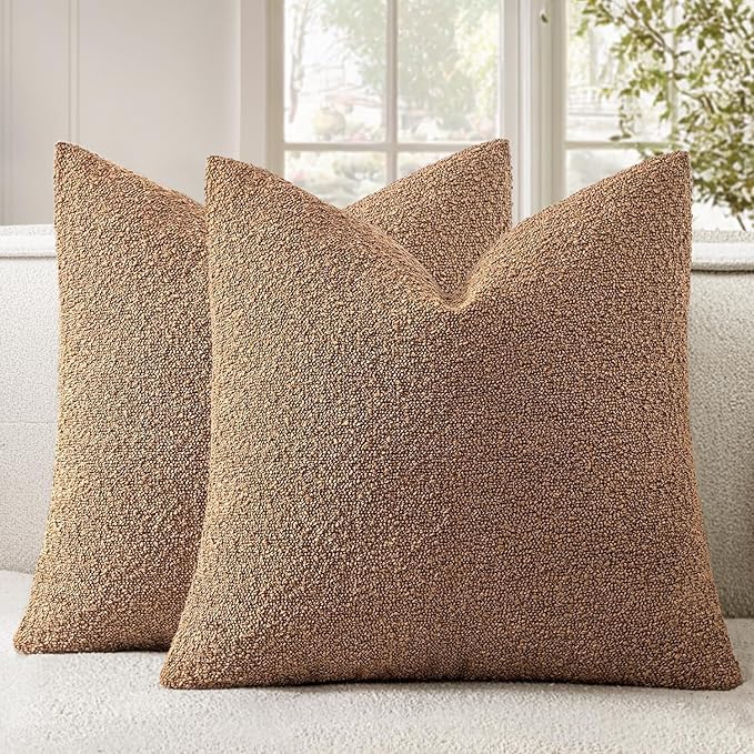 Woaboy Pack of 2 22x22 Inch Decorative Boucle Throw Pillow Covers Textured Square Pillowcaes Accent Euro Solid Cozy Soft Cushion Covers Home Decor for Sofa Couch Living Room Home Decor,Brown