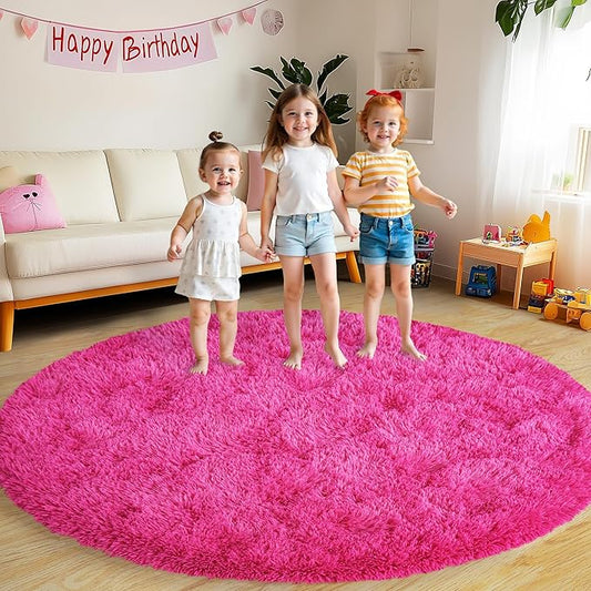 Round Fluffy Rugs 6Ft for Girls Bedroom, Hot Pink Shag Circle Kids Rug Non-Slip for Bedside Dorm Nursery Playroom, Soft Cute Area Rugs for Living Room Decor