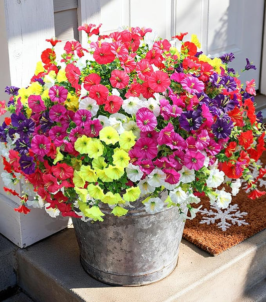 Artificial Flowers Fake Plants for Outdoors Decoration, 12 Bundles Silk Morning Glory with Eucalyptus Realistic UV Resistant Faux Flowers for Outside Planter Porch Yard Patio Garden Home Indoor, Mix