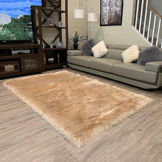 LAMBZY High Pile Super Fluffy Soft Faux Sheepskin Rug | Faux Sheepskin Rugs for Living Room Playroom Bedroom | Classic Super Soft to Touch Rug (8'x11', Beige)