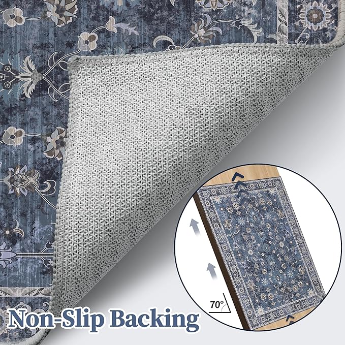 Tangsoo 2x10 Washable Runner Rug for Hallway Non Slip, Boho Floral Vintage Carpet Long Runner Rugs for Entryway Kitchen, Floor Low Pile Runners for Laundry Bedroom Alfombra Blue Black Farmhouse