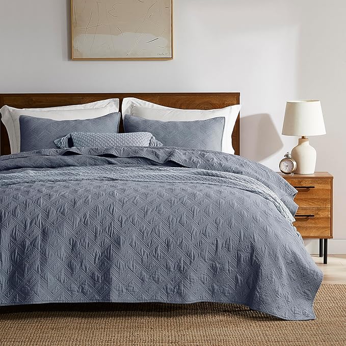 WDCOZY 100% Cotton Twin Size Quilt Set - Dusty Blue Pre-Washed Soft Lightweight Modern Bedspread, Farmhouse Country Rustic Coverlet, Textured Like Linen, Shabby Chic Gauze Bedding, 2 Pieces