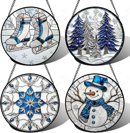 DASTOLL Stained Glass Window Hanging 4 Pcs Set White Winter Christmas Snow Scene 7.8" - Suncatcher Door Garden Sun Catcher Decor Birthday for Mom Woman Nana Men Friend Wife
