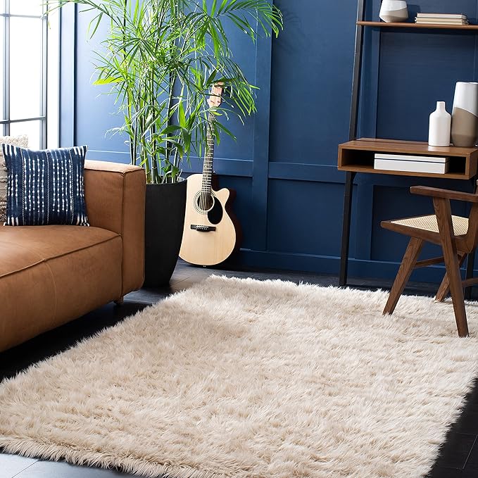 SAFAVIEH Faux Sheep Skin Collection 6' x 9' Beige FSS235K Silken Glam 2.35-inch Thick Area Rug
